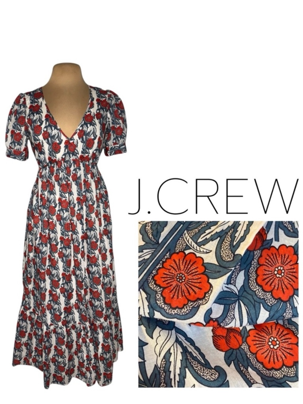 J.Crew Poppy Print V-Neck Maxi Dress White Red Blue Floral Size Small